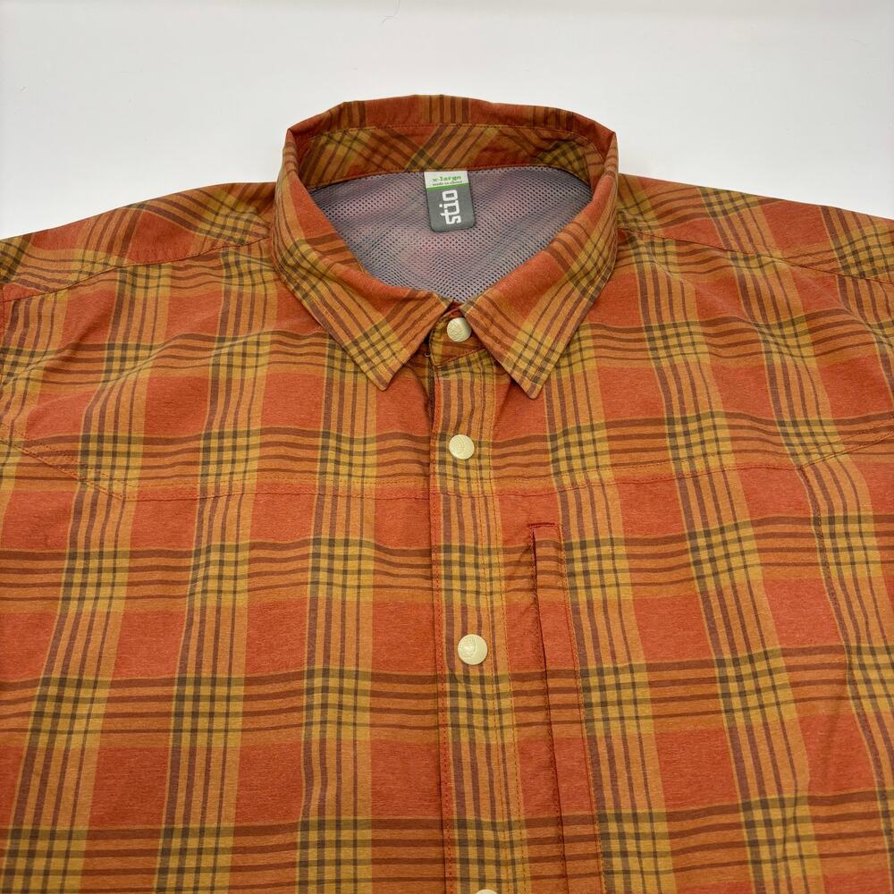Stio Mens XL Rust Orange Plaid Snap Button Vented Short Sleeve Shirt